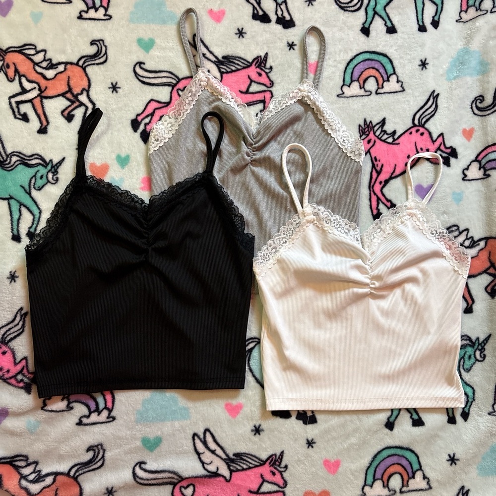 SHEIN Lace Trim Crop Tops - Black, Gray, White